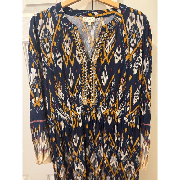 Wonderly Womens XL Navy Blue Ikat Print Embroidered Split Neck Maxi Dress Boho - Picture 4 of 8